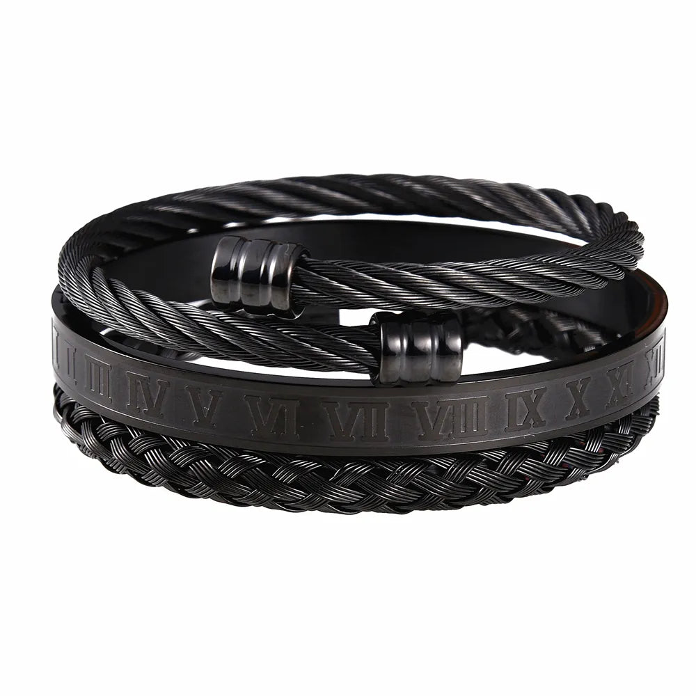 Luxury 3pcs/Set Stainless Steel Bracelet Hip Hop Men Jewelry Roman Number Charm Gold Color Jewelry for  Men Pulseira Bileklik
