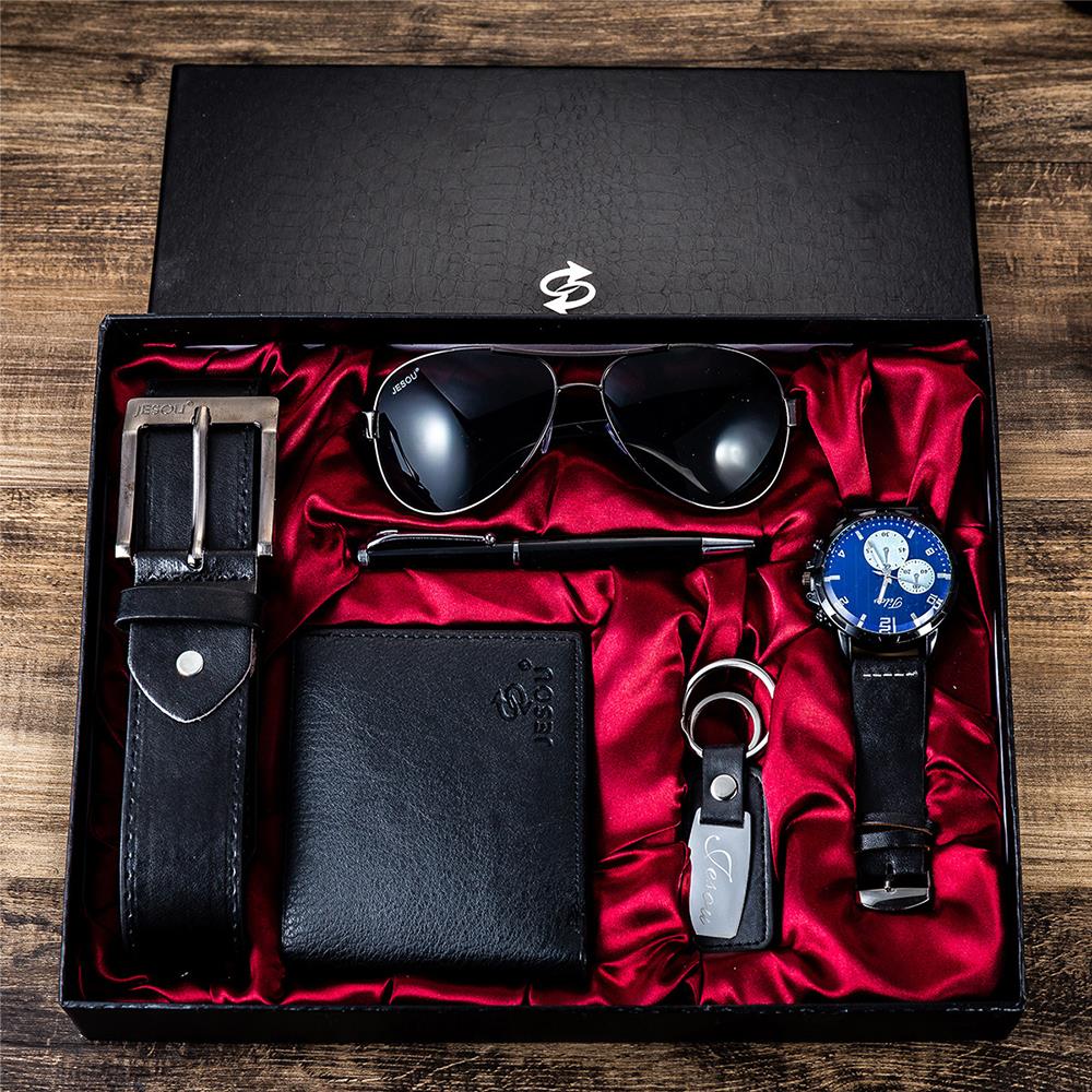 Wholesale Popular Men's Gift Set Luxury Quartz Watch and Belt Wallet 6pcs/Set Male Clock Fashion Leather Wristwatch