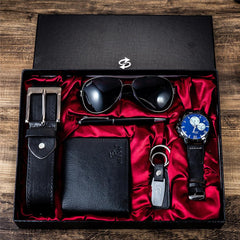 Wholesale Popular Men's Gift Set Luxury Quartz Watch and Belt Wallet 6pcs/Set Male Clock Fashion Leather Wristwatch