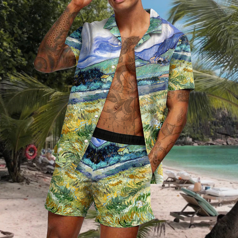 Summer Short Sleeve Shirt Suit Men Fashion Floral Print Hawaiian Shirts + Beach Shorts Casual Beach Clothing Sets Vetement Homme