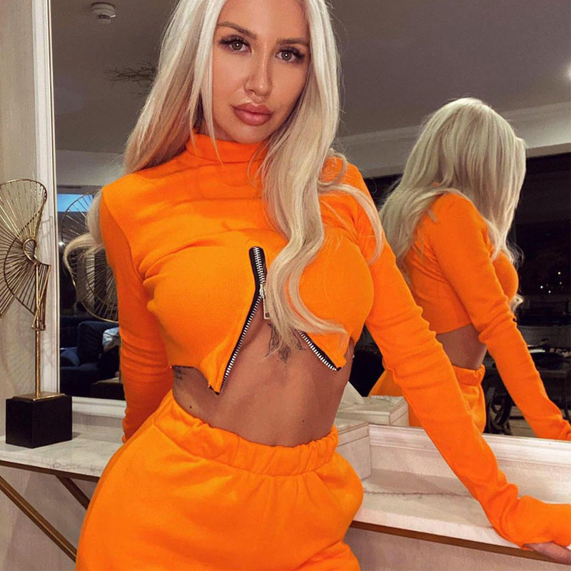 NS033 Orange 2022 New Zipper Wholesale Spring Women Tops T Shirts Sexy Sleeve Top