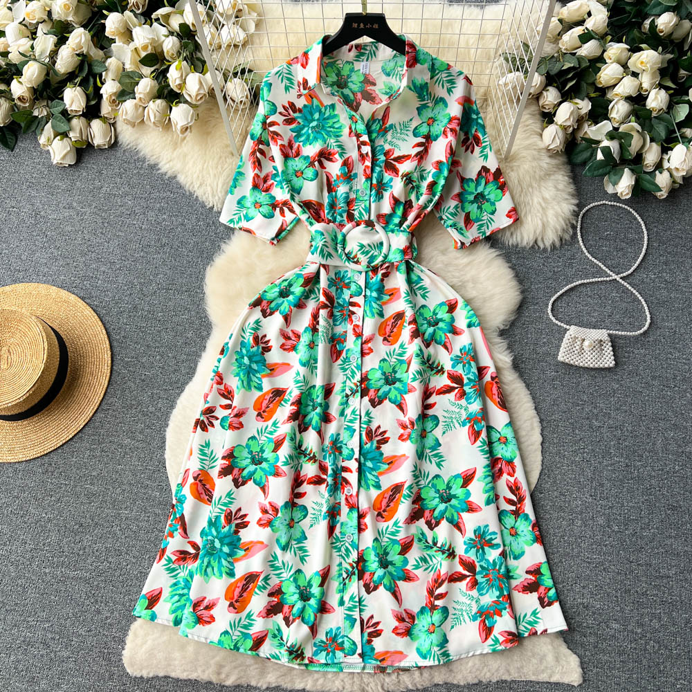 New 2023 Floral Sexy Slash Neck One Shoulder Elegant Vacation Chiffon Ruffle Dress