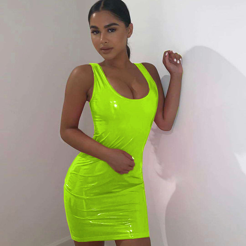 Pu Leather Dress Women Summer Sleeveless Sexy Low Cut Dress Woman Party Night Club Wear Slim Fit Bodycon Dress