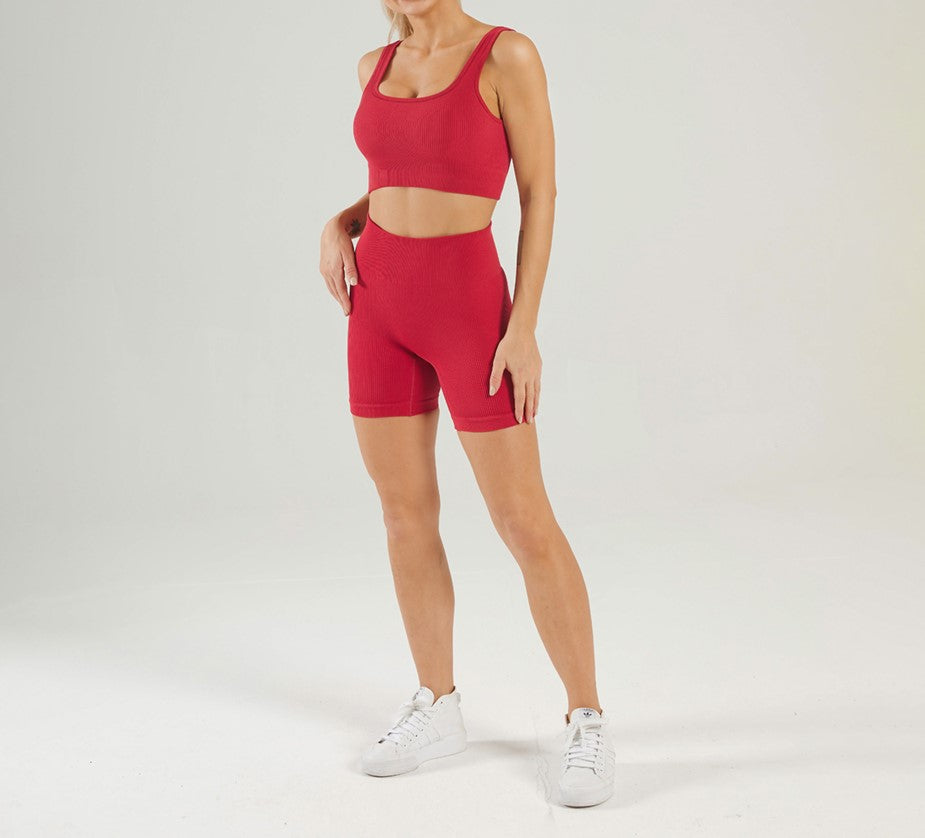 Women Seamless Active Wear Ribbed Fitness Gym Wear Square-Neck Bra Workout Shorts Two Pieces Yoga Set