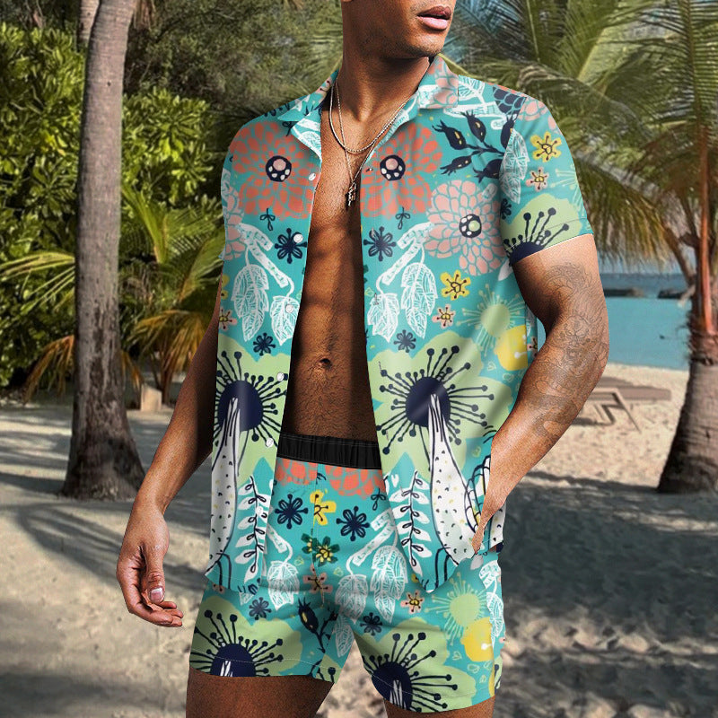 Summer Short Sleeve Shirt Suit Men Fashion Floral Print Hawaiian Shirts + Beach Shorts Casual Beach Clothing Sets Vetement Homme