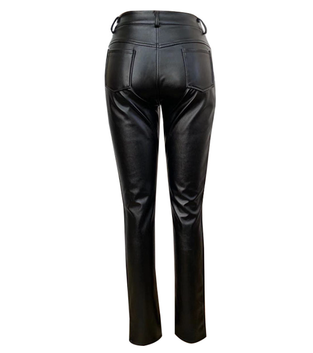 2022 Fall Winter Fashion Streetwear High Waist Black Skinny Slim PU Leather Pants Women