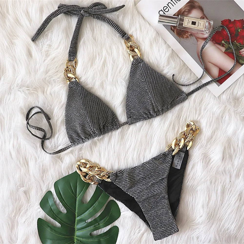 2023European and American Sexy Bikini Plain Female Split Strap Luxury Crystal Diamond Swimsuit Gold Accessories Swimwear CUT OUT