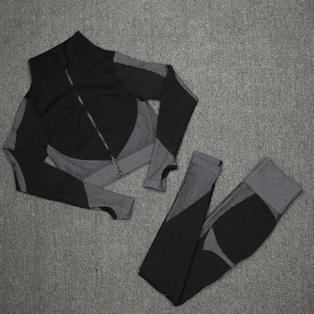 Women Activewear 3 Piece Crop Top Fitness Leggings Workout Bra Sports Jacket With Zipper Fitness Yoga Wear Sets for Ladies