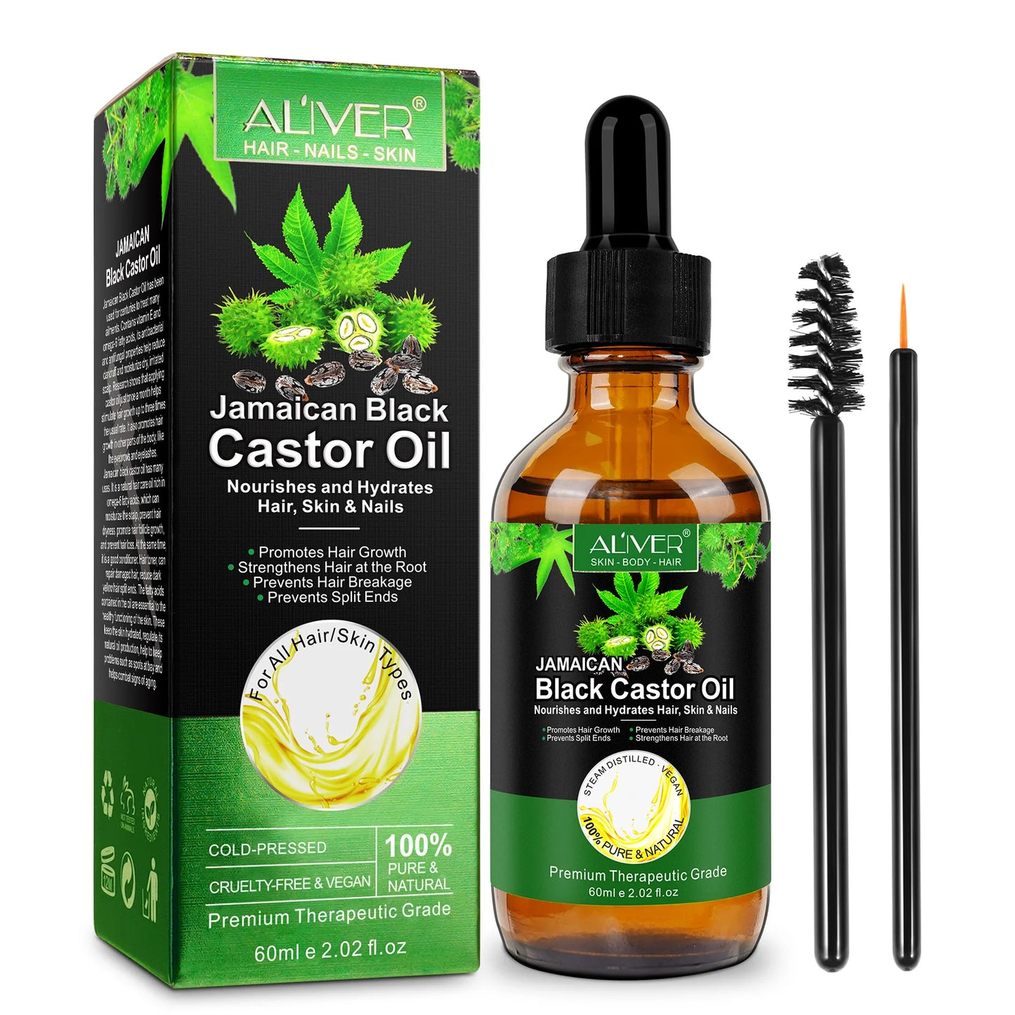 ALIVER 60Ml Pure Jamaican Black Castor Essential Oil Scalp Hair Strengthening Oil Infused Biotin and Encourages Growth Hair Oil
