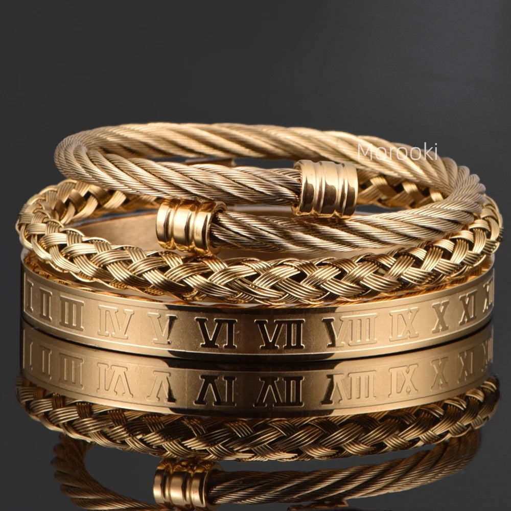 Luxury 3pcs/Set Stainless Steel Bracelet Hip Hop Men Jewelry Roman Number Charm Gold Color Jewelry for  Men Pulseira Bileklik