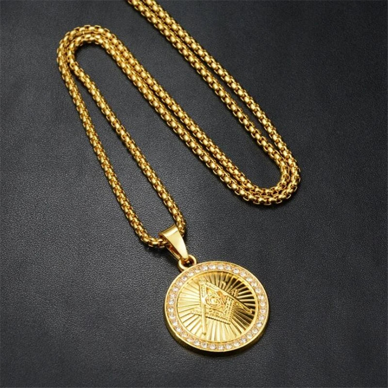 Men\'s Classic Punk Gold Plated Freemason Round Medal Pendant Necklace Hip Hop Style Rock Party Jewelry