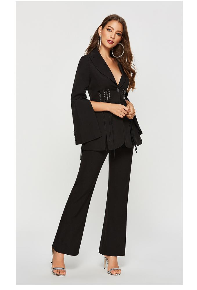 New Design Black Color Turn-Down Collar Women Rivet Stylish Lady Slim-Fit Blazer Suit