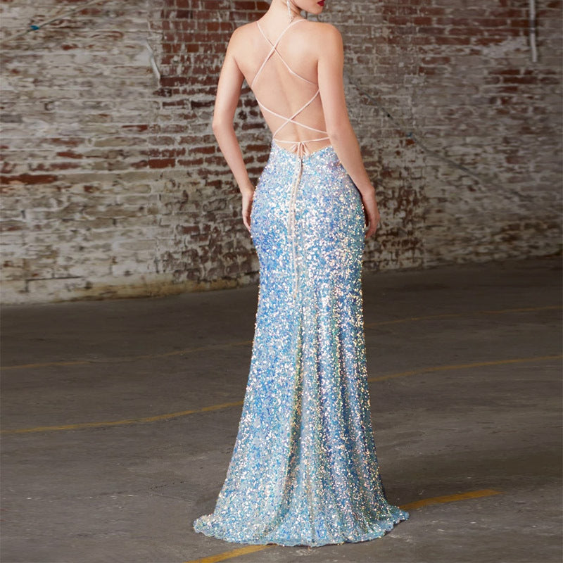 Elegant Spaghetti Strap High Split Glitter Long Dress Women Vestidos Sexy Party Club Shine Sequin Backless Evening Prom Dress