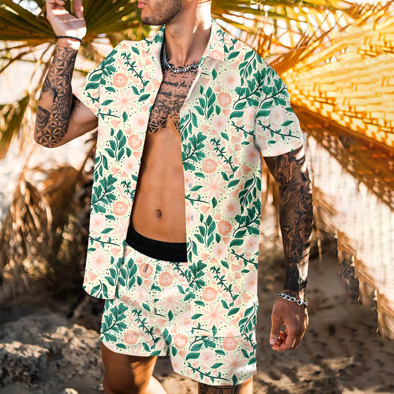 Summer Short Sleeve Shirt Suit Men Fashion Floral Print Hawaiian Shirts + Beach Shorts Casual Beach Clothing Sets Vetement Homme