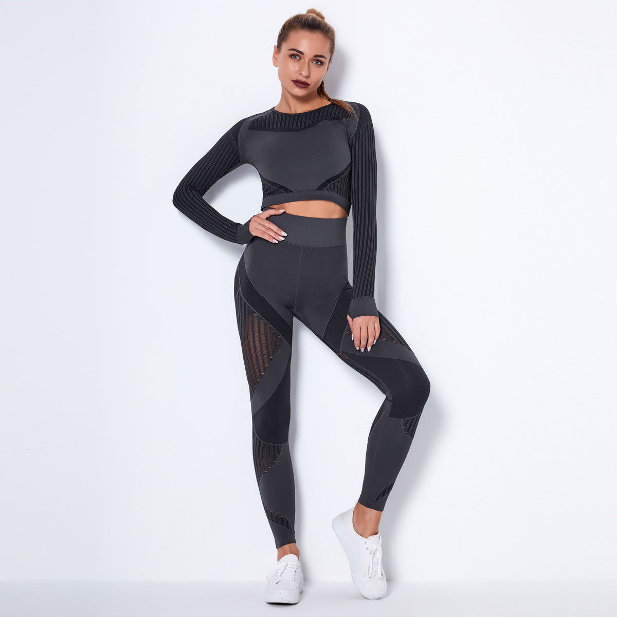 Women 2 Piece Yoga Sets Mesh Breathable Long Sleeve Gym Yoga Wear & Leggings Set Fitness Yoga Wear