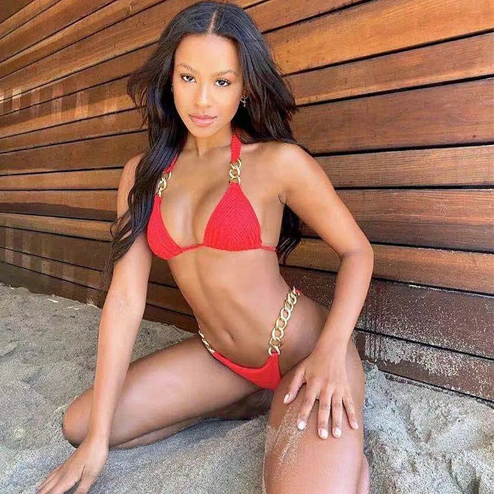 2023European and American Sexy Bikini Plain Female Split Strap Luxury Crystal Diamond Swimsuit Gold Accessories Swimwear CUT OUT