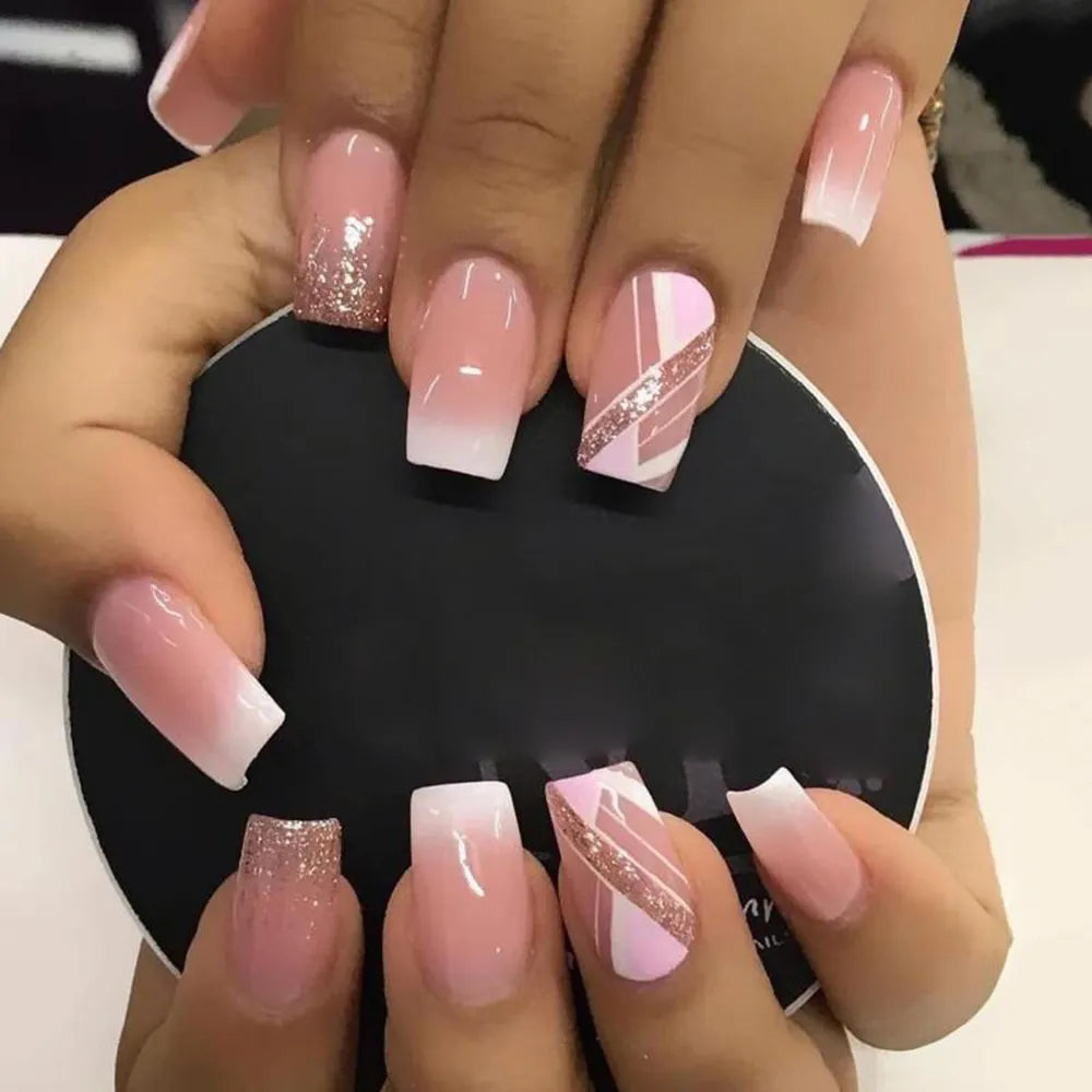 24pcs False Nail Full Cover Fake Nail Elegant Pink Gradient Glitter French Short Nails Coffin Short False Nail Press on Nails