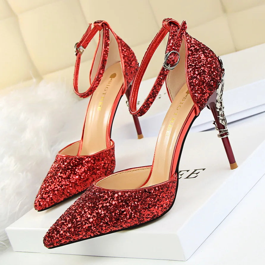 283-5 Luxurious Trendy Ladies Sandals Hollow Out Party Metal Heel Shiny Sequin Slip-On High Heel Sandals Wedding Shoes for Bride