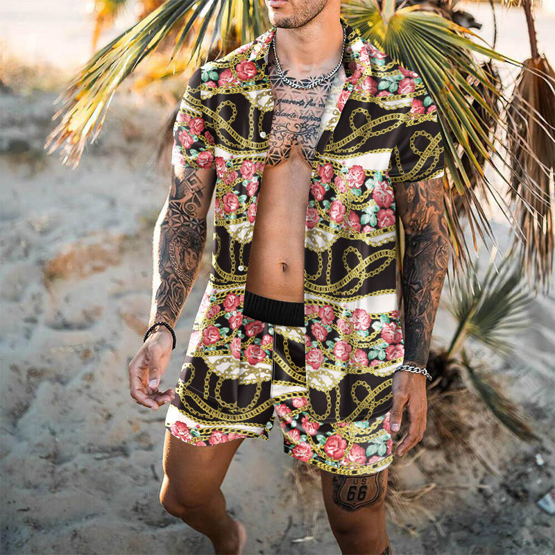 Summer Short Sleeve Shirt Suit Men Fashion Floral Print Hawaiian Shirts + Beach Shorts Casual Beach Clothing Sets Vetement Homme