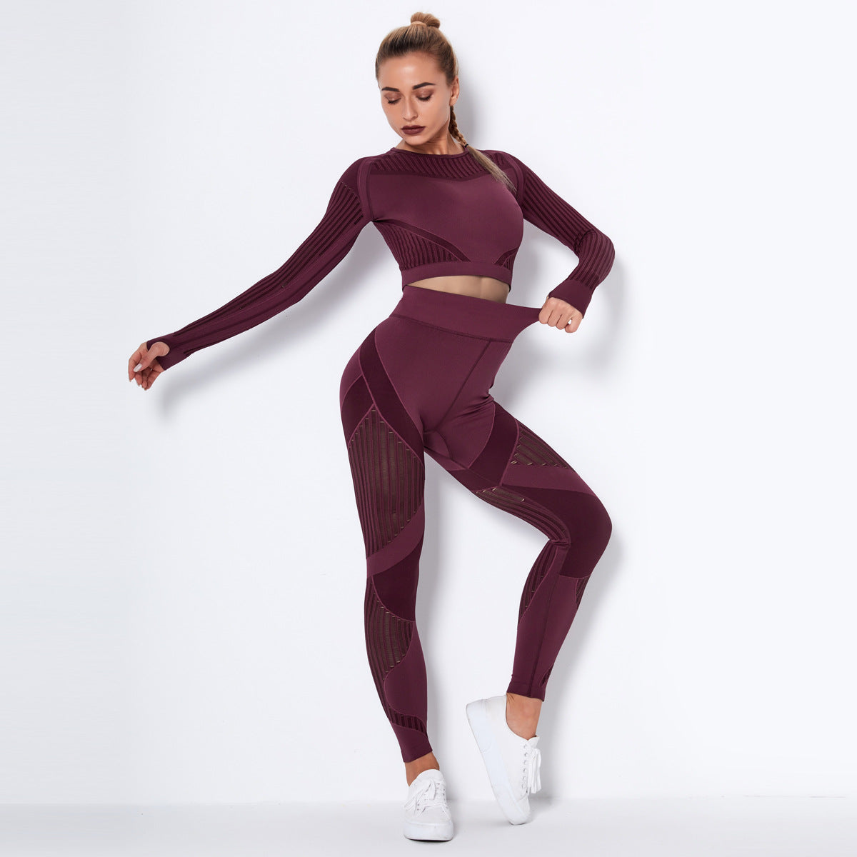 Women 2 Piece Yoga Sets Mesh Breathable Long Sleeve Gym Yoga Wear & Leggings Set Fitness Yoga Wear