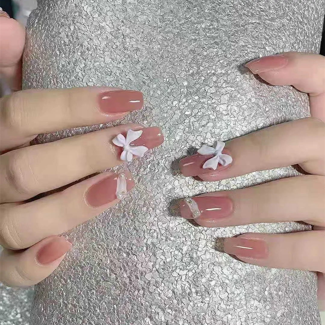 24pcs False Nails Floral Beads Decorated Artificial Nail Tips Bride Reusable Fingernails Fake Nail Press on Nail накладные ногти