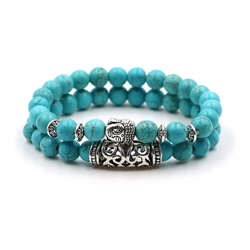 YIZIZAI 2Pcs/Set Tibetan Buddha Head Bracelet Jewelry Natural Stone Bead Bracelets Men Women Lava Onyx Turquoises Jewellry Gift