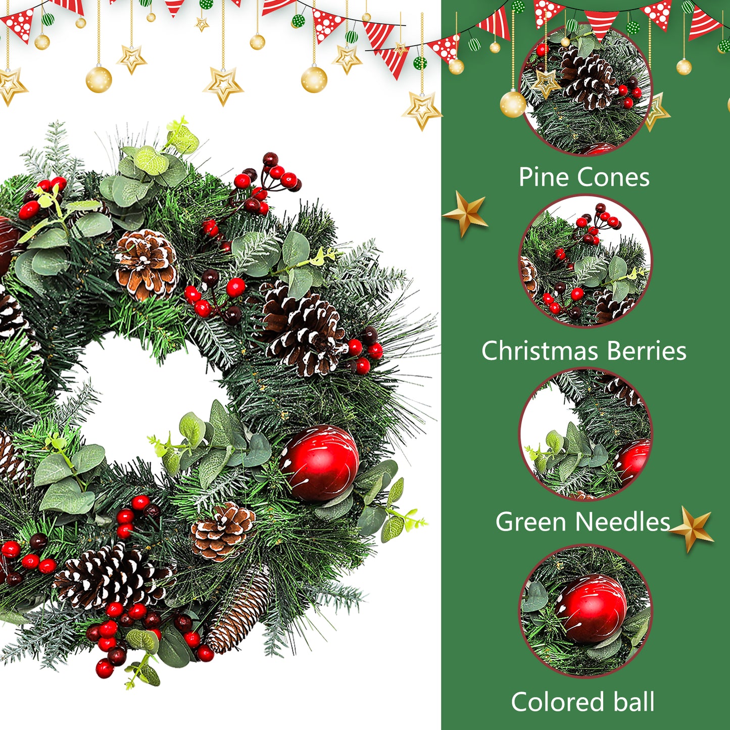 New Design Christmas Door Decoration Christmas Ball Garland Pine Needle Pine Cone Wreath