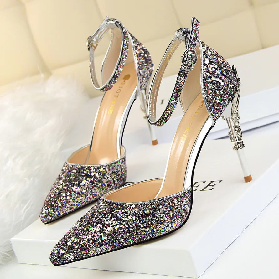 283-5 Luxurious Trendy Ladies Sandals Hollow Out Party Metal Heel Shiny Sequin Slip-On High Heel Sandals Wedding Shoes for Bride