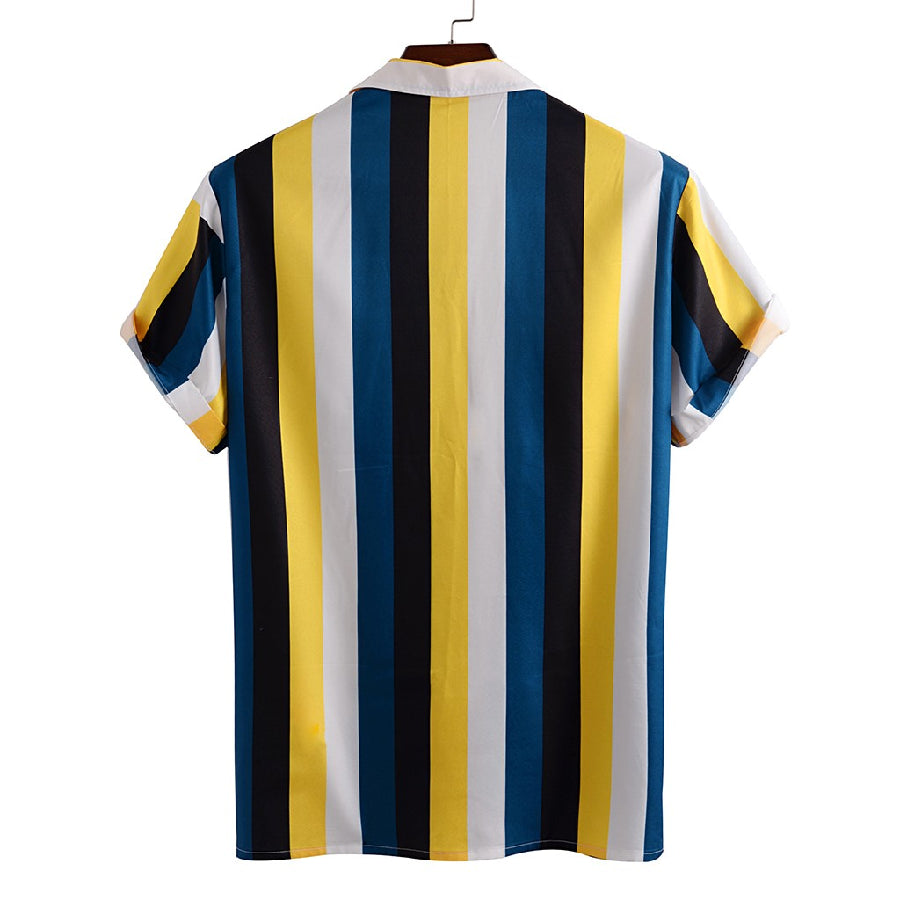 Summer Mens Shirt Top Casual Short Sleeve Hawaiian Shirts Stand Collar Strip Print Cool Thin Shirt Men