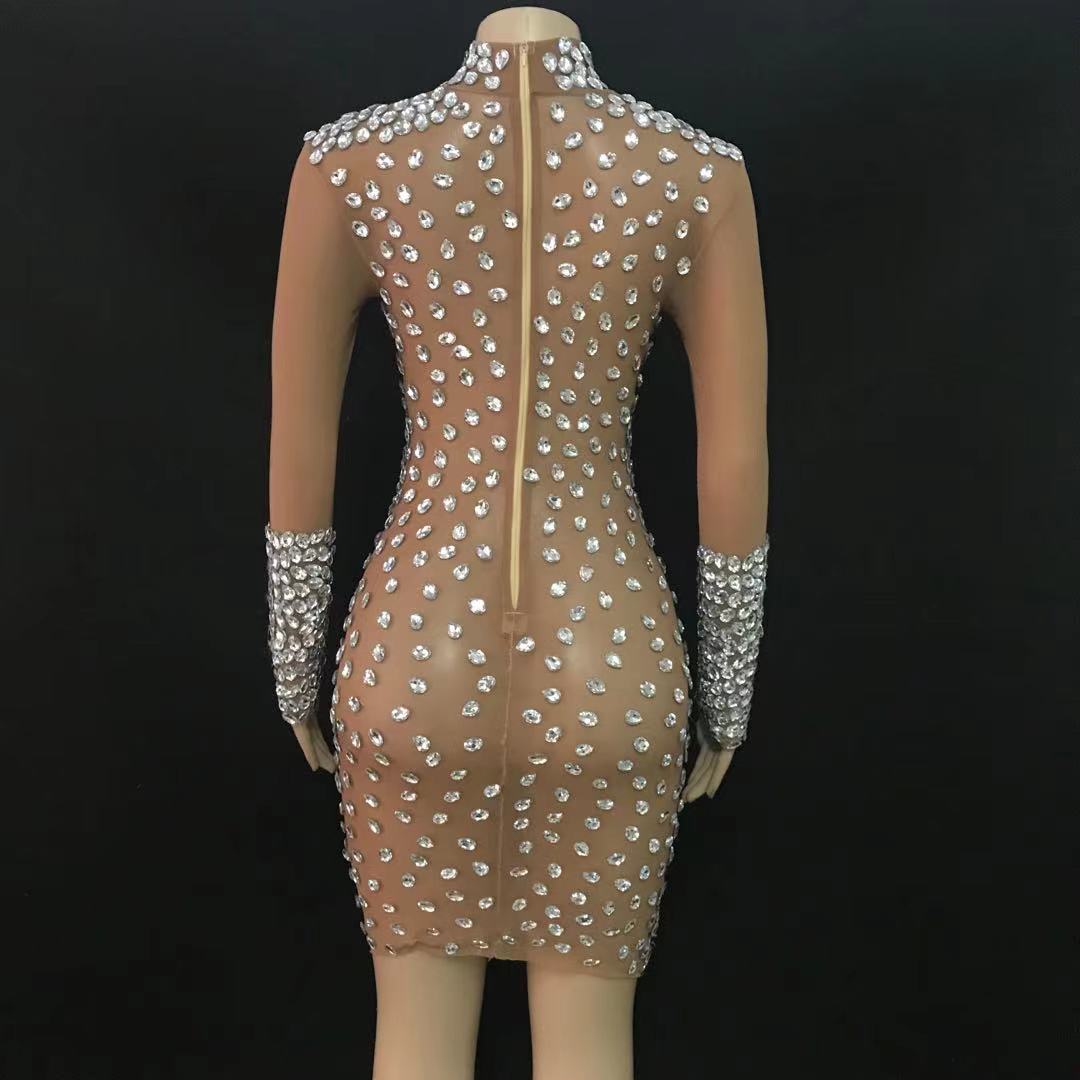 Clothing Female Wholesale Sparkly Crystal Diamond Night Gown Evening Prom Dress Party Dress Mid Length Women Club Wear Outfit