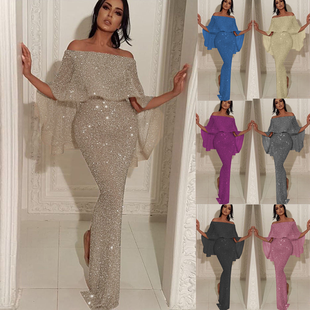 2022 Sequin Evening Gowns Off Shoulder Prom Dresses Shiny Mermaid Women Party Dresses Wear Gown With Cape