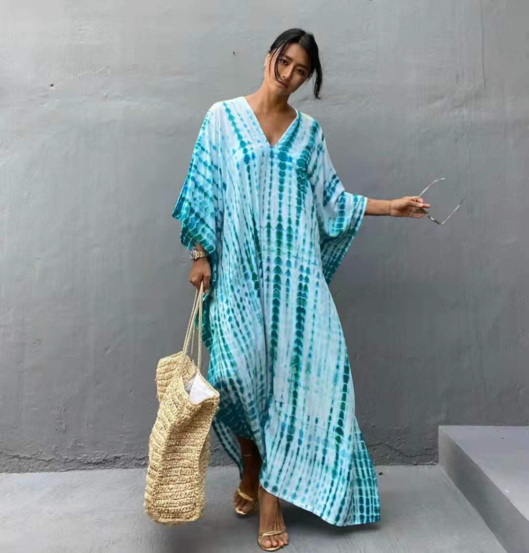 Wholesale Tie Dye Boho Kimono Beach Cover Up Cotton Sarong Beachwear Dress Ladies Kaftan