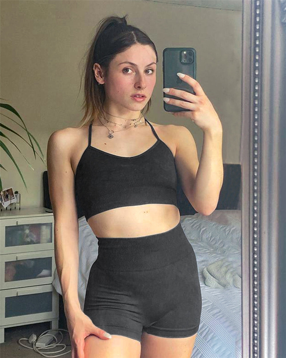 Sports Fitness & Yoga Wear Seamless Knitted Outdoor Workout Gym Fitness 5PCS Sets Long Sleeve Crop Top Bra Shorts Leggings