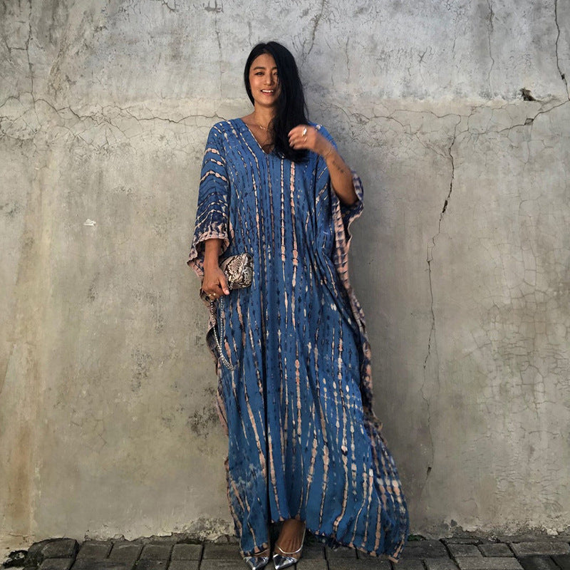 Wholesale Tie Dye Boho Kimono Beach Cover Up Cotton Sarong Beachwear Dress Ladies Kaftan