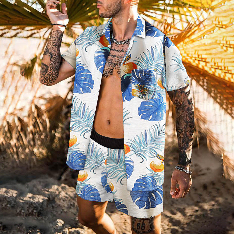 Summer Short Sleeve Shirt Suit Men Fashion Floral Print Hawaiian Shirts + Beach Shorts Casual Beach Clothing Sets Vetement Homme