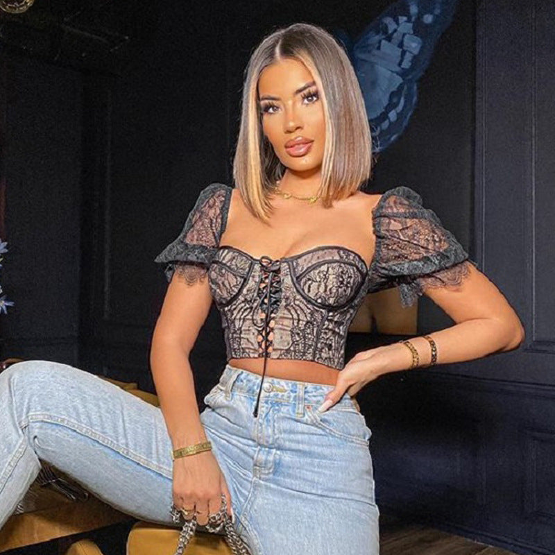 Hot Sale Lace Sexy Mesh Bra Crop Top Nighty Street Style Strappy Slim T-Shirt