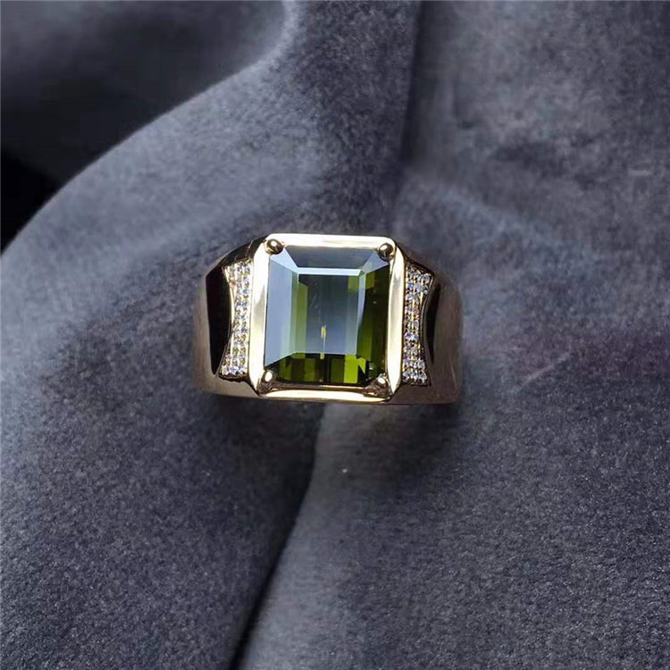 Gemstone Fine Jewelry Manufacturer Wholesale Classic 3.35ct Natural Green Tourmaline Men Ring Jewelry 18K Real Yellow Gold