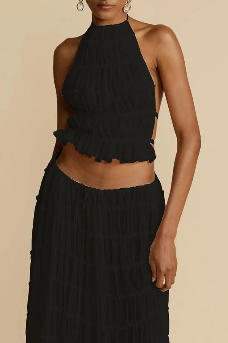 Backless Halter Camisole Top Drawstring Chiffon Pleated Long Maxi Skirt 2 Piece Set