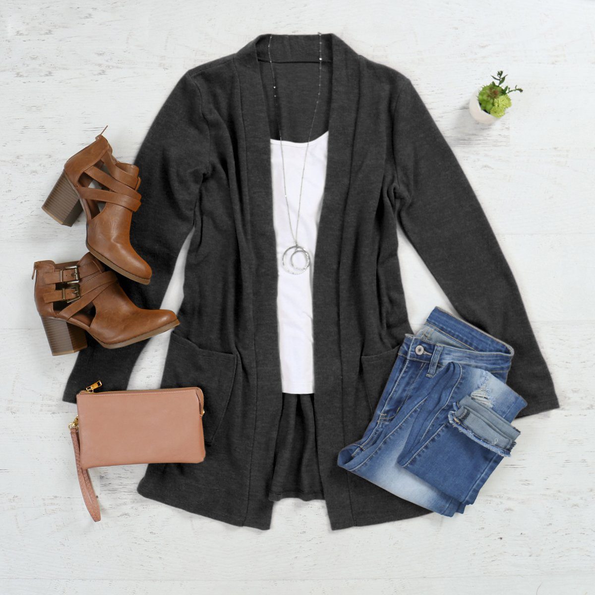 Brushed Melange Open Front Cardigan
