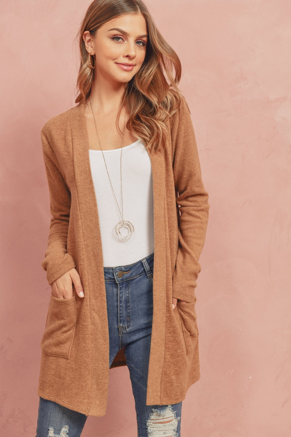 Brushed Melange Open Front Cardigan