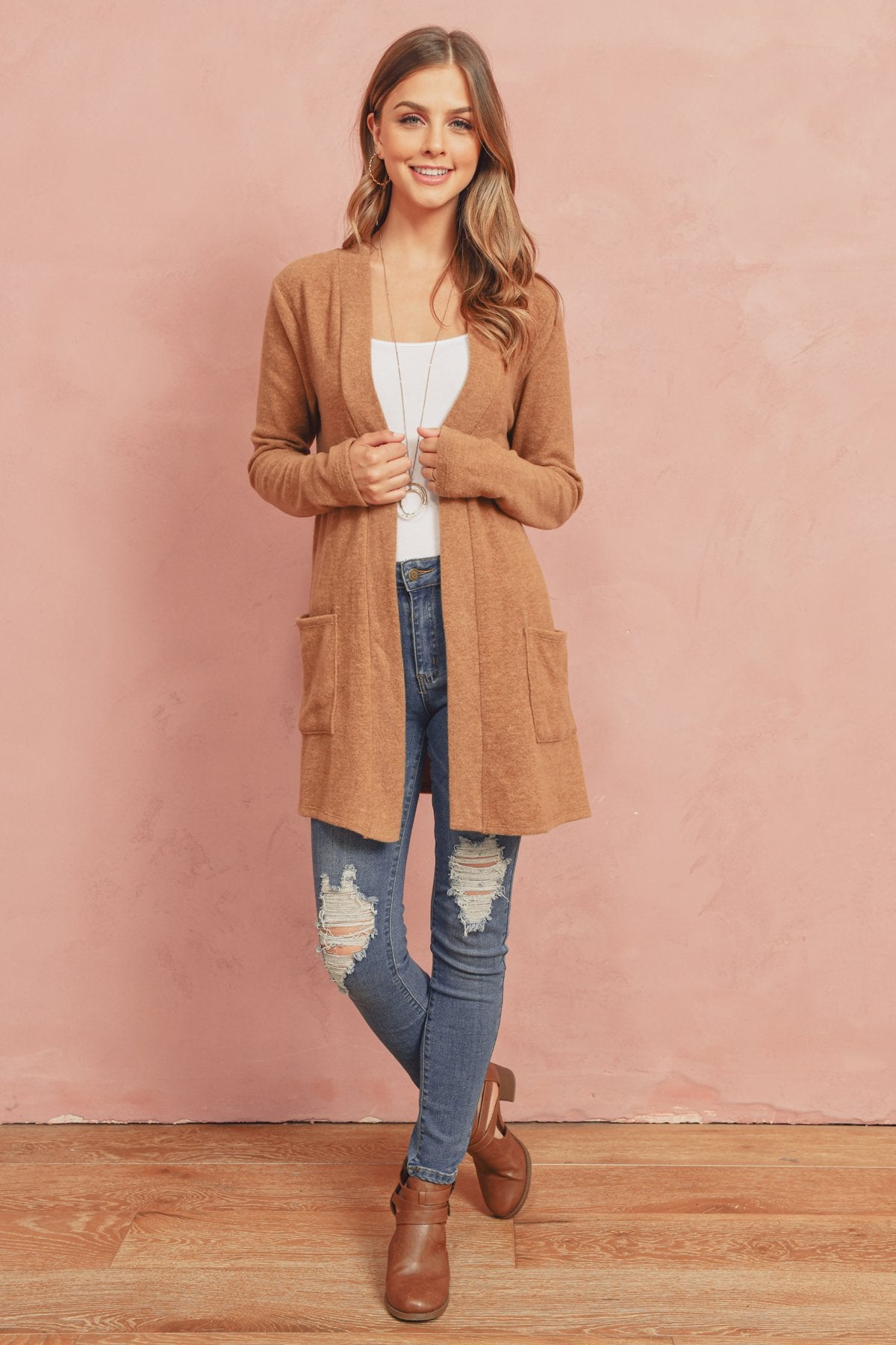 Brushed Melange Open Front Cardigan