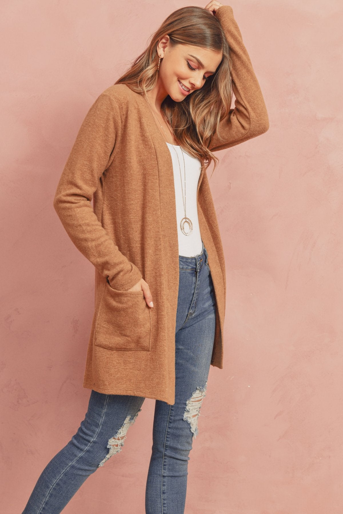 Brushed Melange Open Front Cardigan