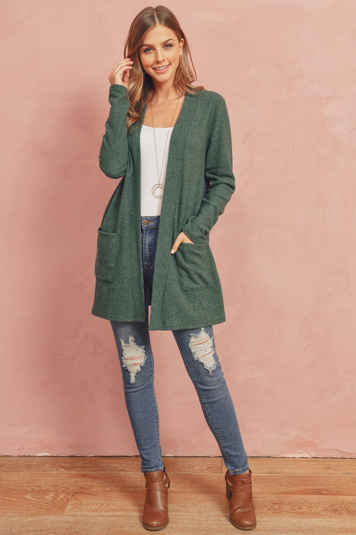 Brushed Melange Open Front Cardigan