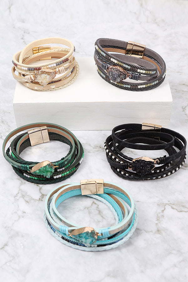 Druzy Stone Leather Wrap Magnetic Bracelet