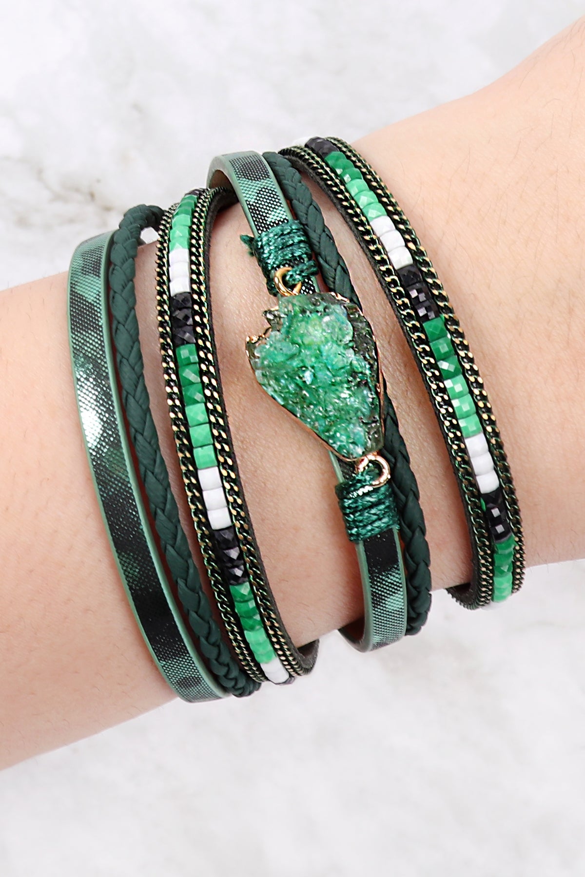 Druzy Stone Leather Wrap Magnetic Bracelet
