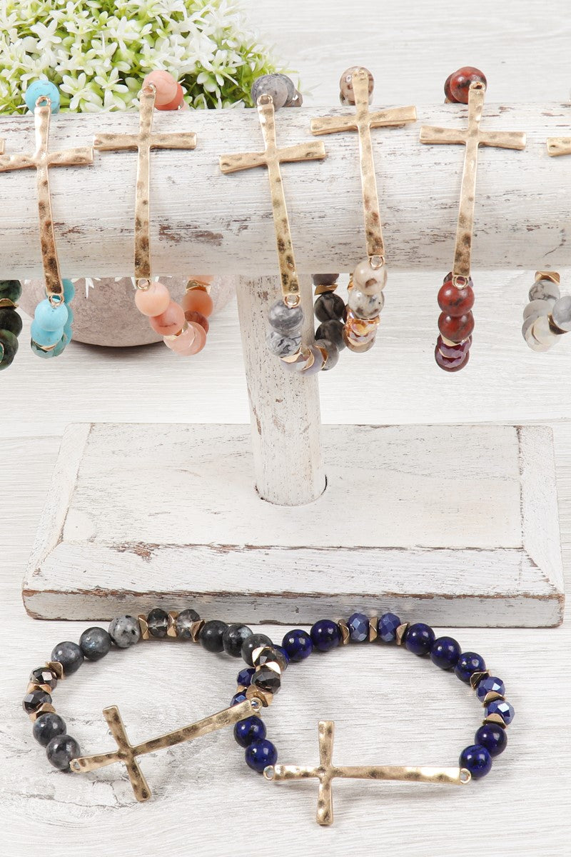 Hdb2998 - Mix Beads Hammered Cross Bracelet
