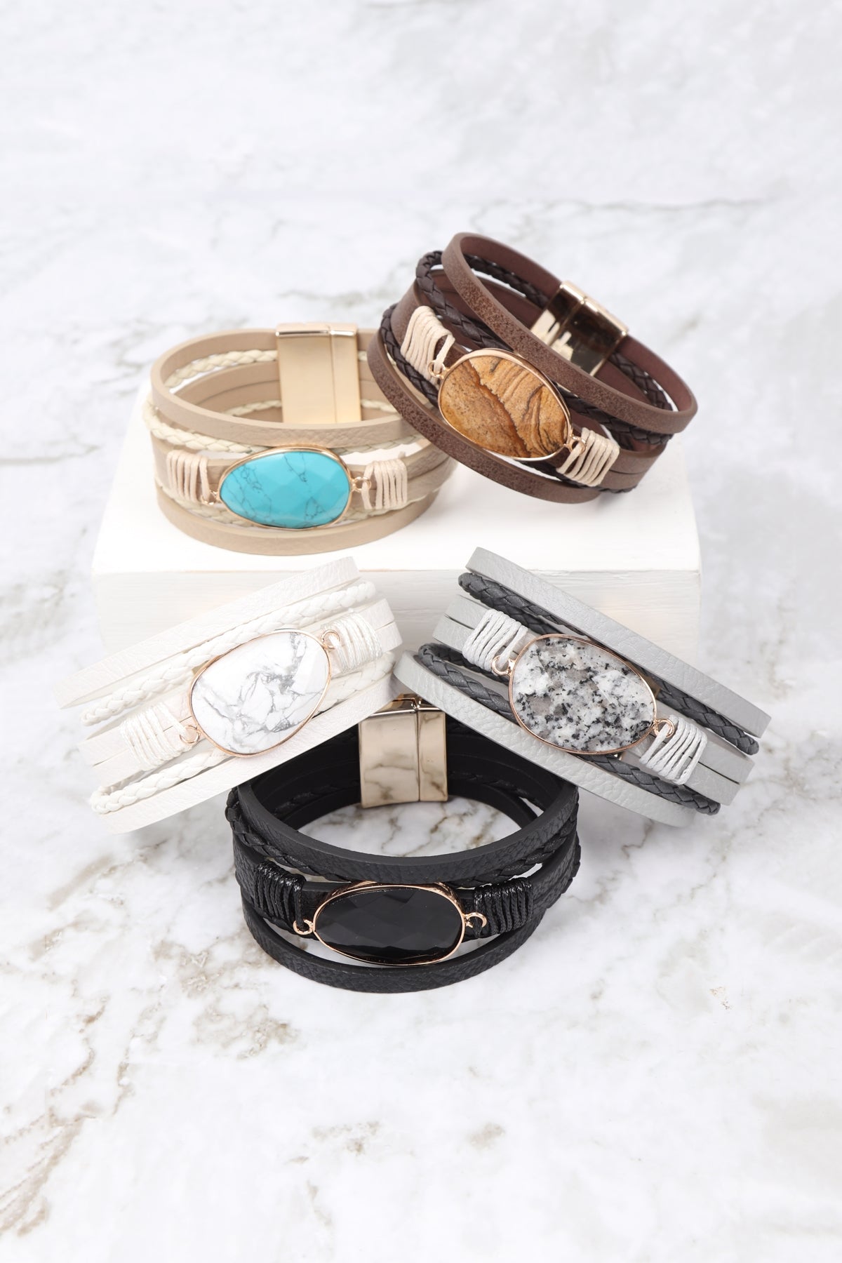 Multi Line Leather With Magnetic Lock Charm Bracelet