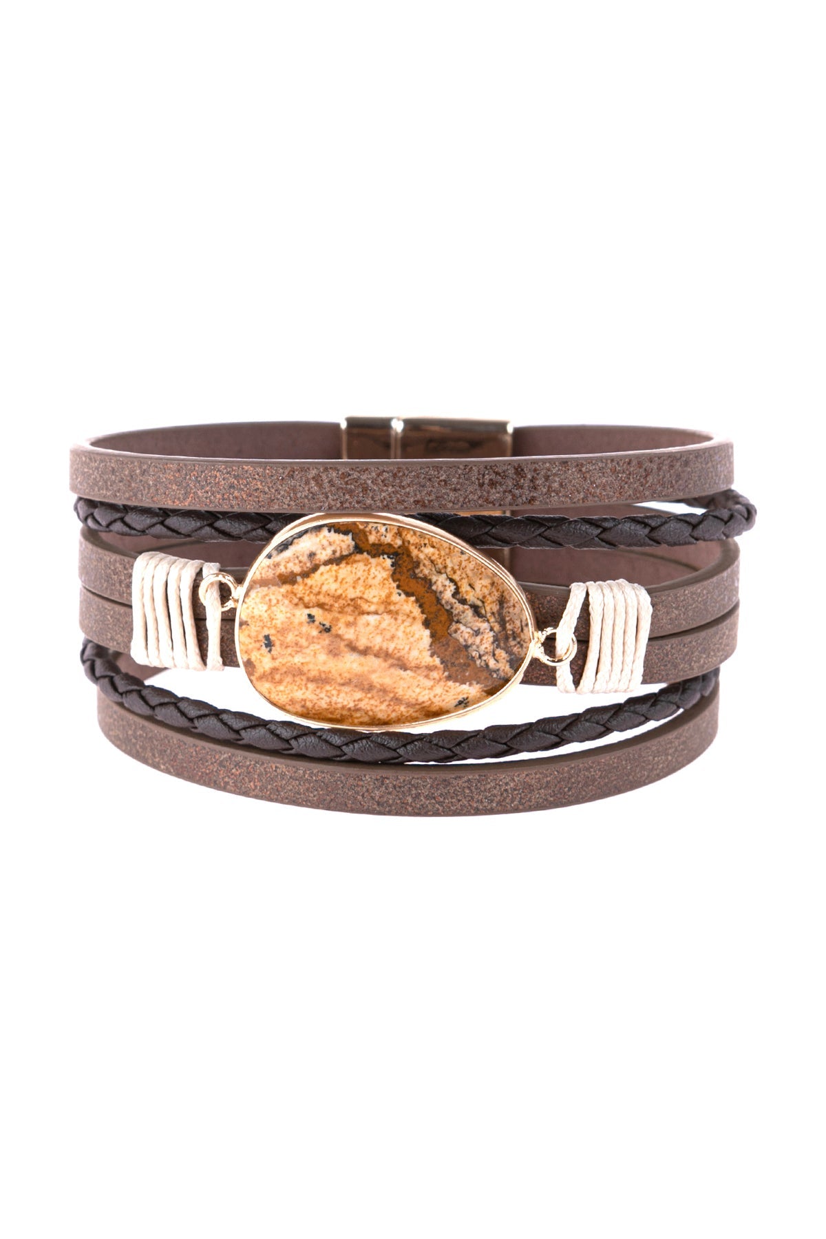 Multi Line Leather With Magnetic Lock Charm Bracelet