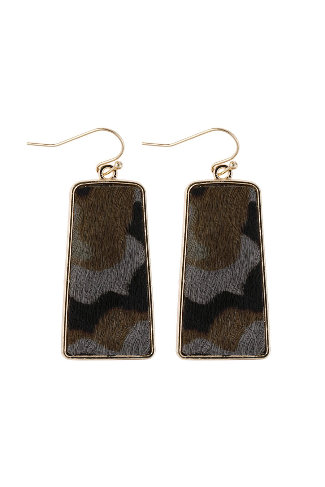 Camouflage Gray Leather Printed Bar Dangling Fish Hook Earrings