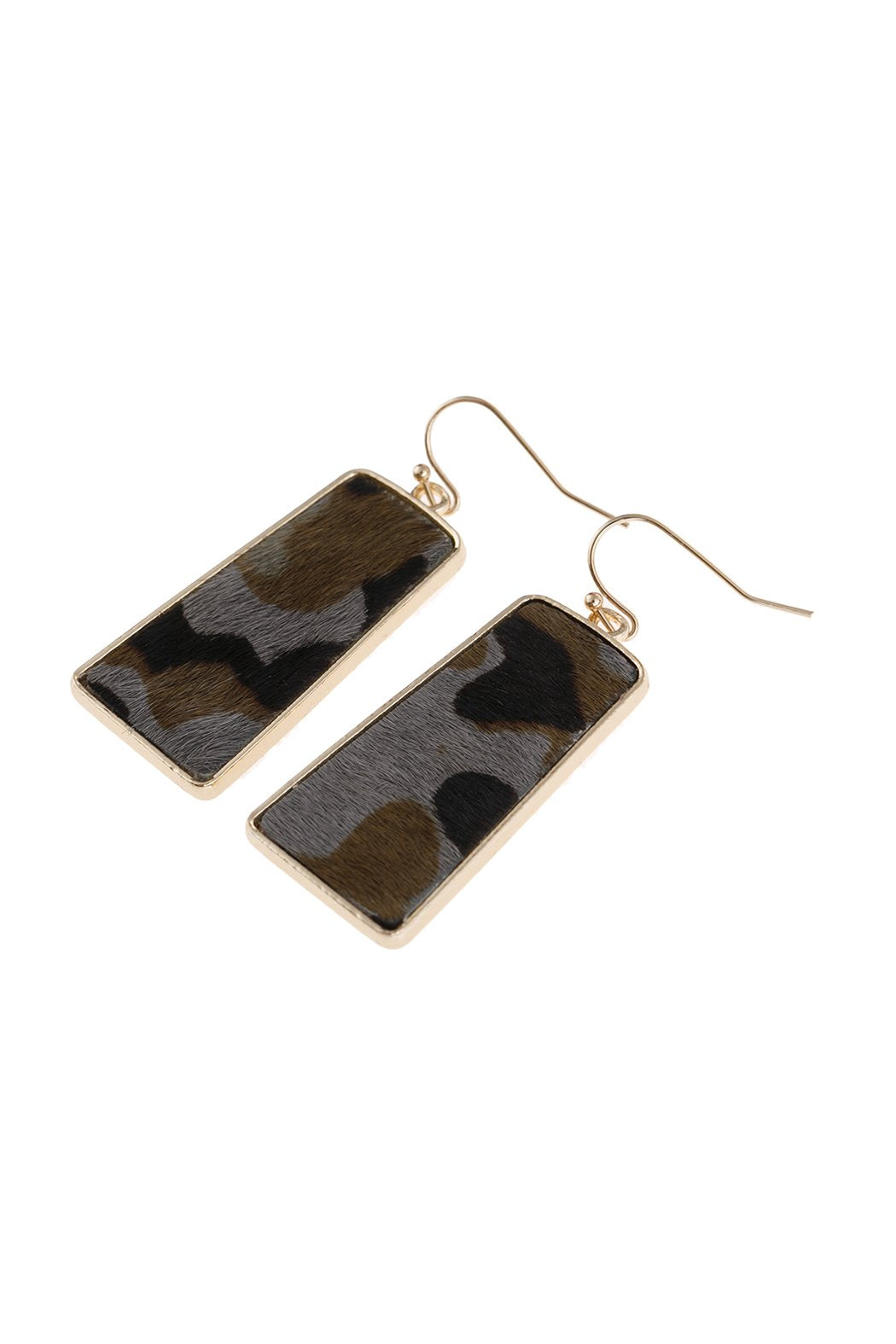 Camouflage Gray Leather Printed Bar Dangling Fish Hook Earrings